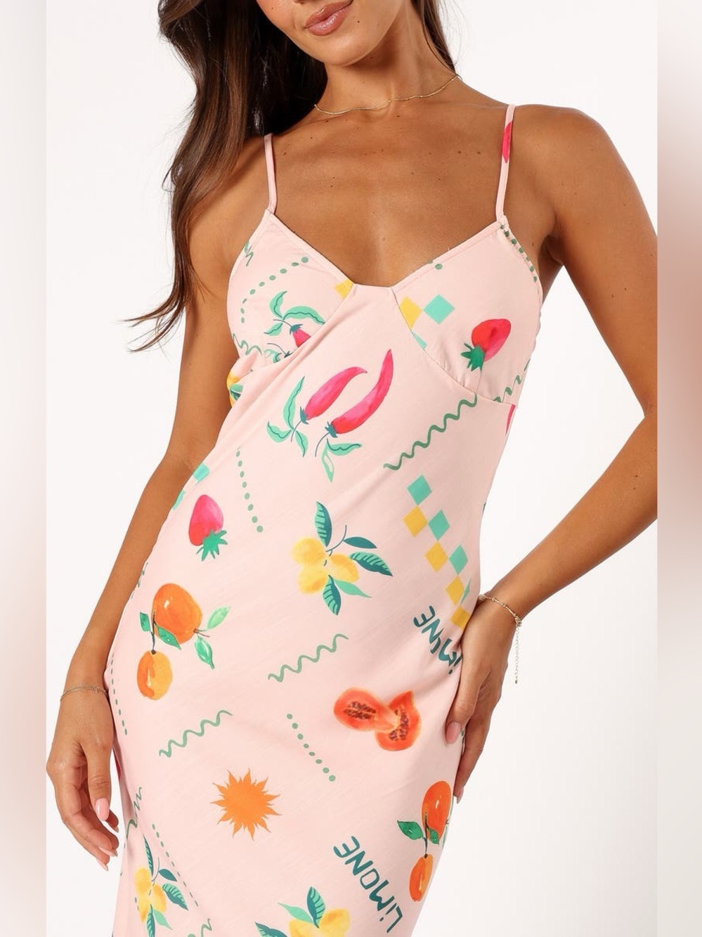 Petal & Pup Frutti Satin Slip Maxi Dress Sz M Fruit Print Pink Tank Dress - Picture 3 of 4